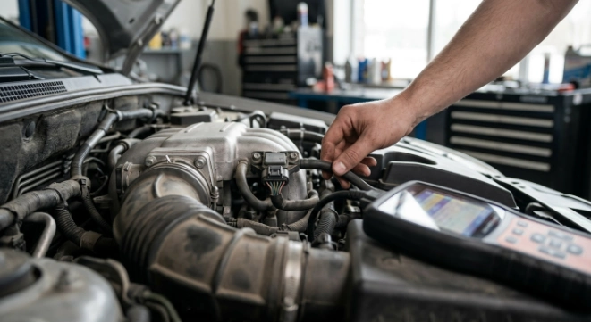P0106 symptoms inspection showing MAP sensor, intake manifold, vacuum hoses, and electrical connector
