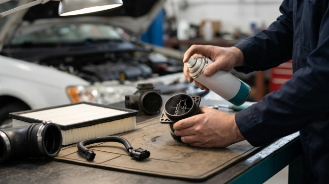 Technician cleaning a MAF sensor beside air filter, intake hose and wiring repair components.