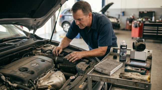 Technician choosing the correct P0102 repair after checking the filter, MAF sensor, wiring, and intake.