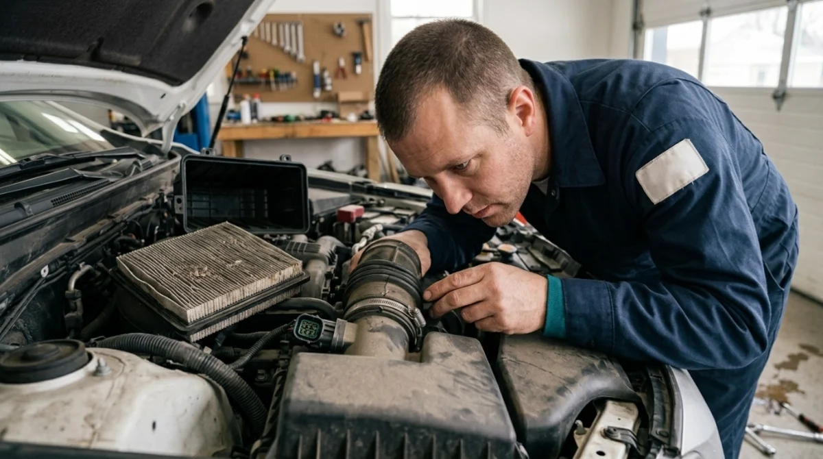 P0101 causes shown through a dirty MAF sensor, cracked intake hose, wiring, and air filter.