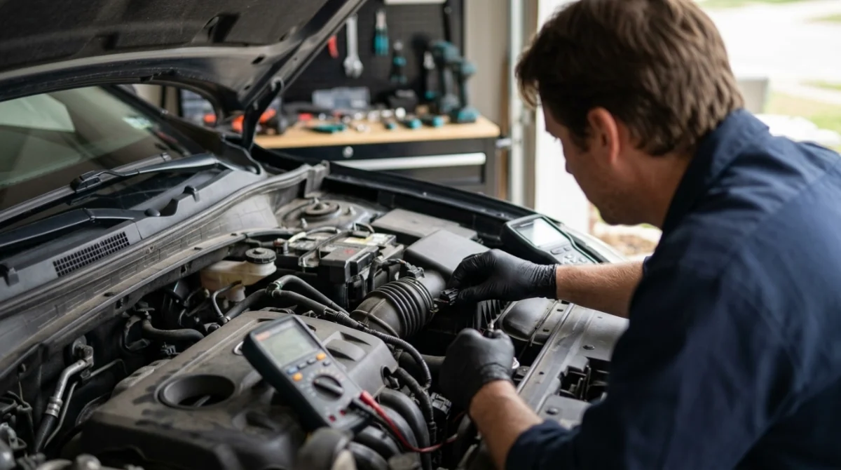 Technician checking an IAT connector, wiring, scan tool, and multimeter during P0113 diagnosis.