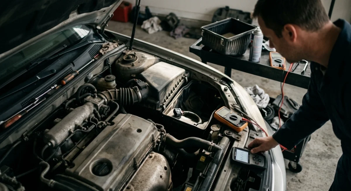 DIY P0102 diagnosis with MAF sensor, intake boot, scan tool and multimeter in a garage