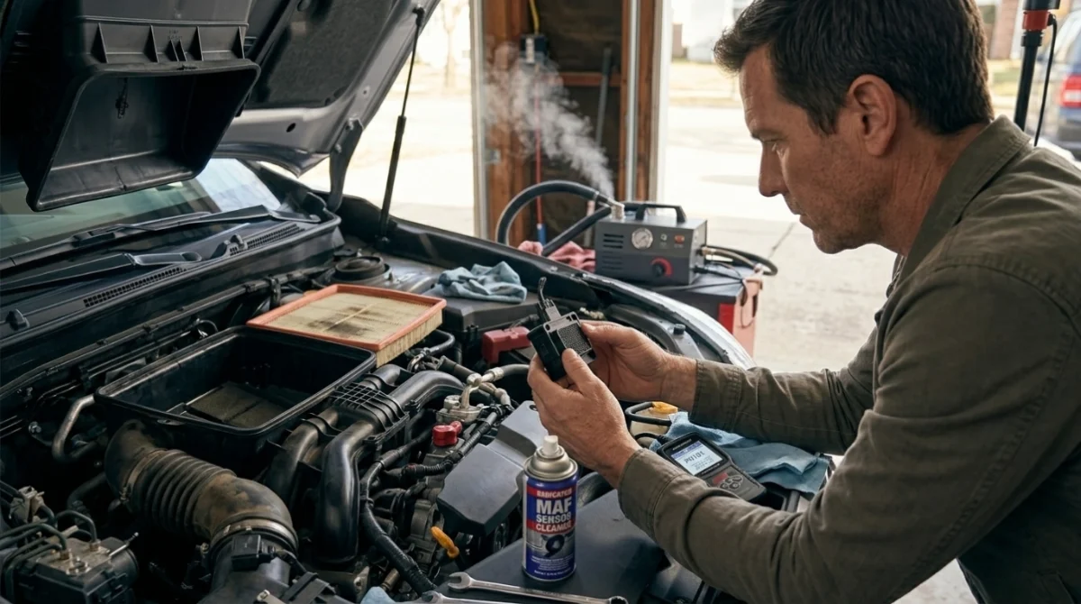 DIY P0101 diagnosis with air filter check, MAF cleaning, scan tool fuel trims, and smoke testing.