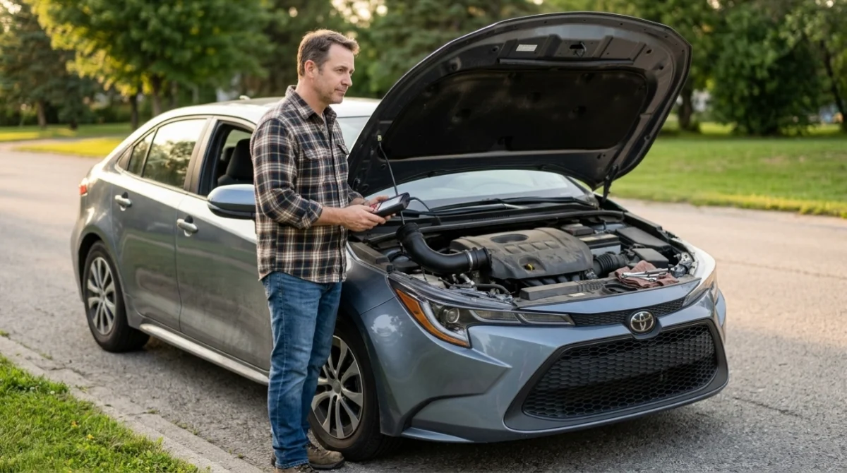Driver checking a car with P0101 after hesitation, showing when the airflow fault needs urgent diagnosis