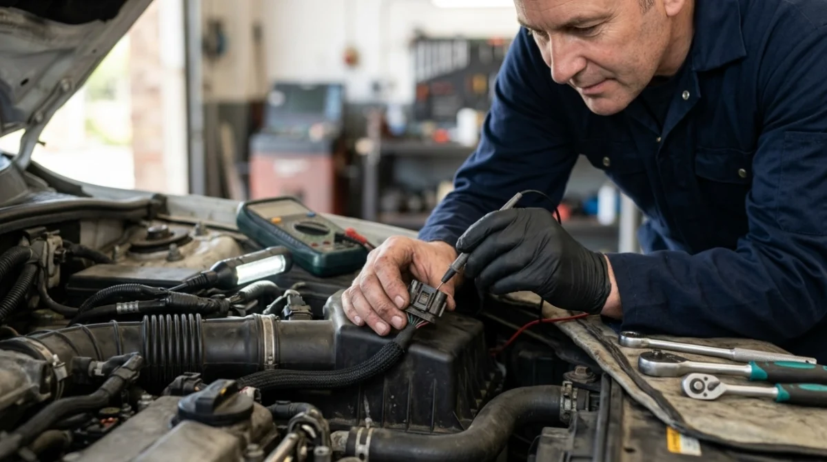 Mechanic back-probing an IAT connector to diagnose a persistent P0113 electrical fault.