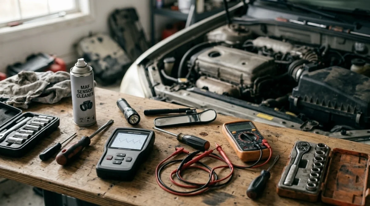 P0102 diagnostic tools including OBD2 scanner, multimeter, MAF cleaner, hand tools and inspection mirror