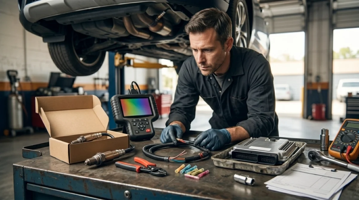 P0138 repair cost comparison with oxygen sensor, wiring harness, ECU module, scanner, and repair tools.