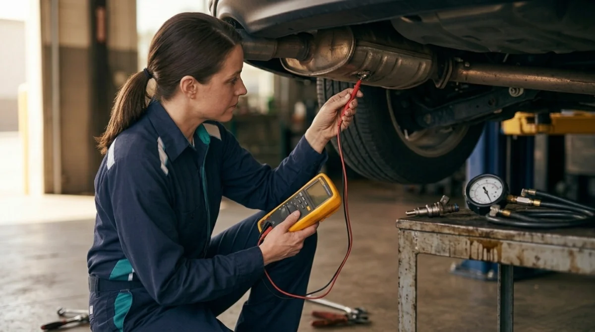 Mechanic inspecting O2 sensor wiring, injector, and fuel pressure causes of P0138