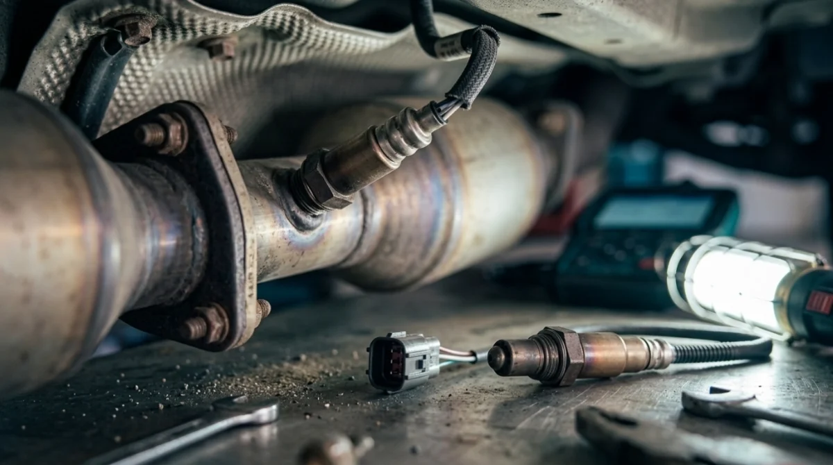 Heated downstream oxygen sensor mounted near catalytic converter with electrical heater connector visible