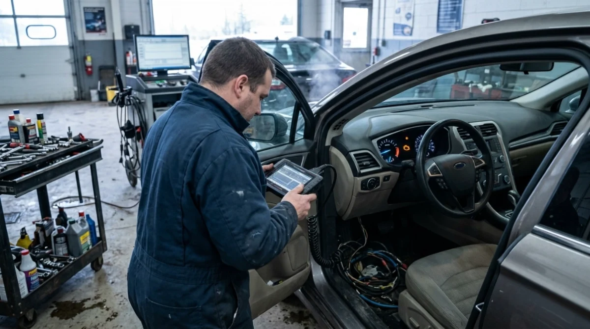 Mechanic checking P0161 symptoms with OBD2 scanner during a vehicle cold start