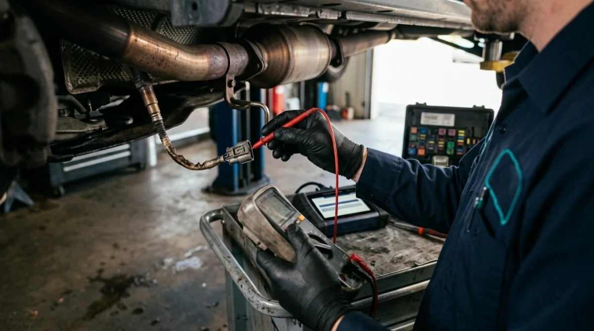 Mechanic testing P0161 oxygen sensor heater wiring and resistance with a digital multimeter