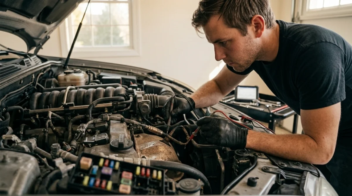 Mechanic diagnosing P0155 with fuse inspection, O2 wiring check, multimeter resistance and voltage tests