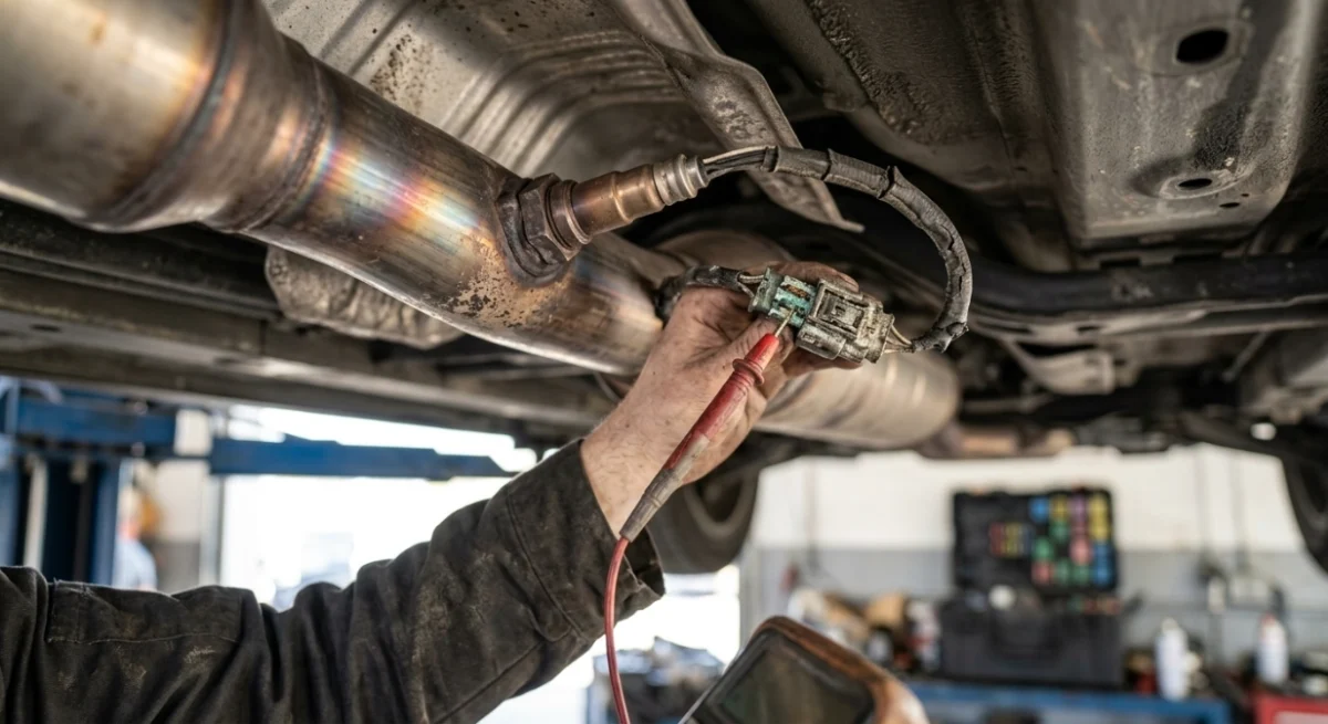 Technician replacing Bank 1 Sensor 2 after P0141 wiring and fuse checks pass