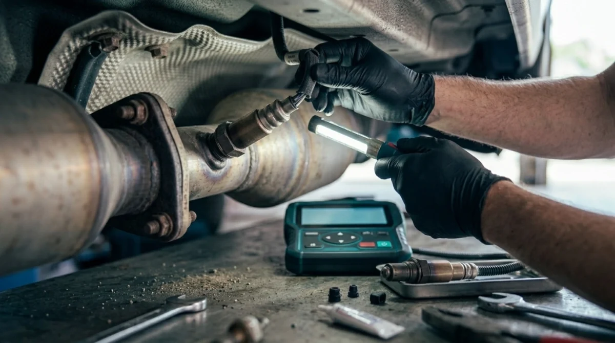 Technician inspecting O2 sensor wiring, heat shield, connector, and oil contamination near exhaust