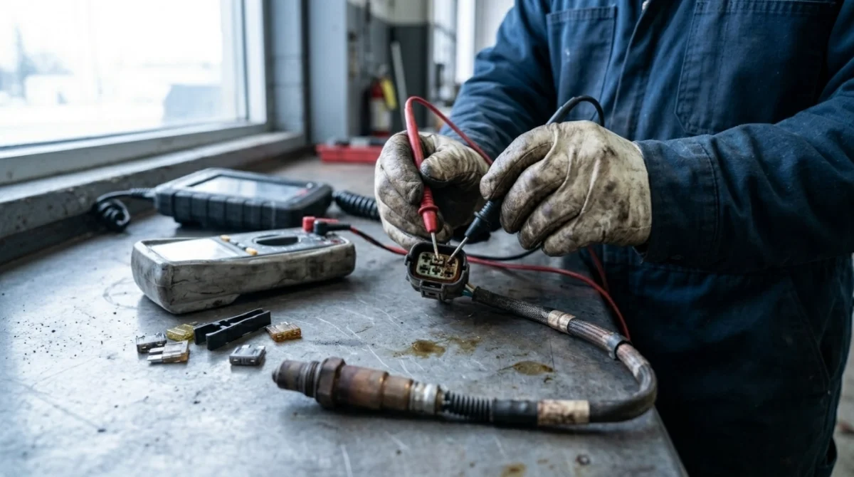 Mechanic testing P0161 oxygen sensor heater wiring with a multimeter before replacing parts