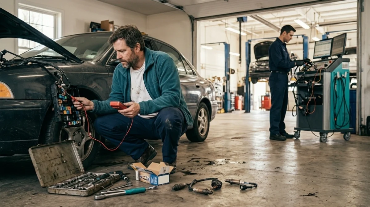 DIY owner checking a P0155 sensor while a mechanic handles complex wiring diagnosis professionally.