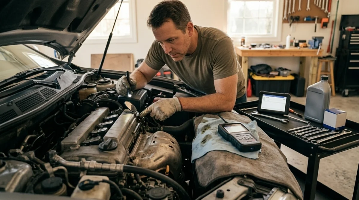 DIY engine maintenance scene illustrating ways to help prevent future oxygen sensor failures