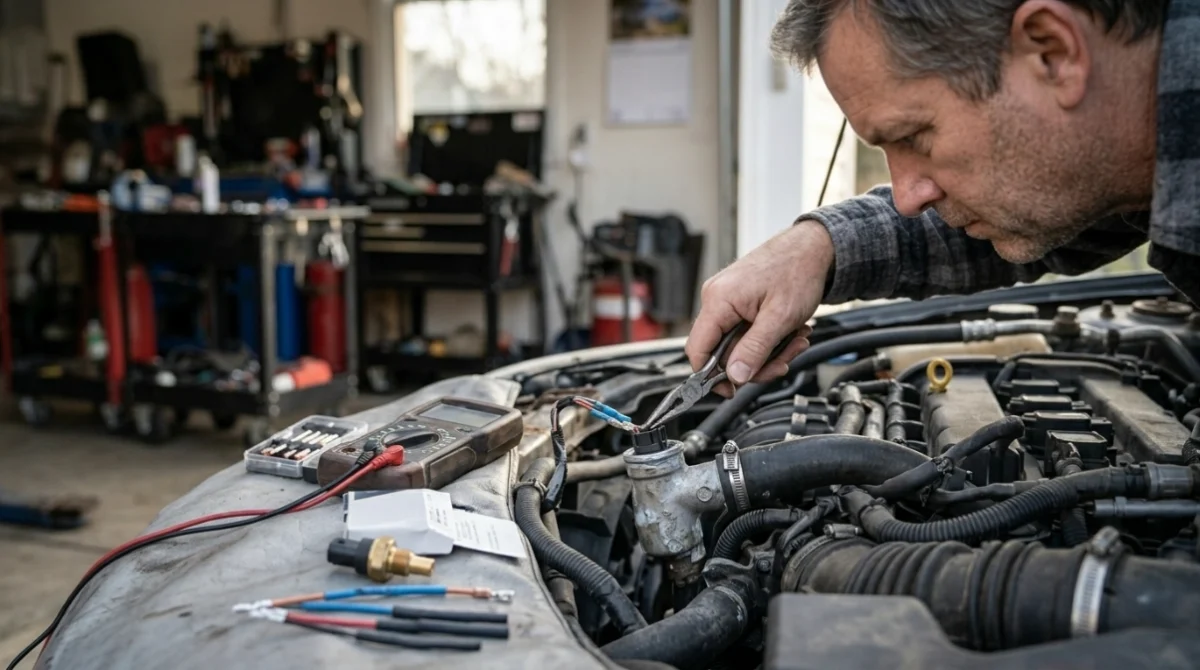 Technician repairing an ECT sensor connector as part of the P0118 symptoms repair path