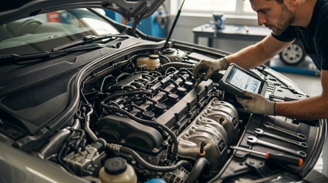Mechanic diagnosing cylinder 1 misfire with scanner