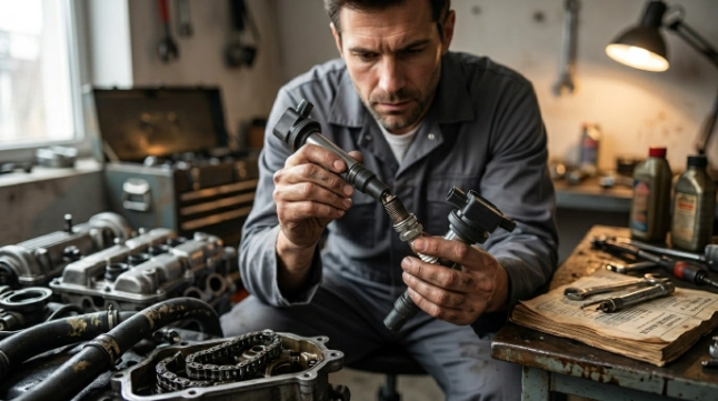 Mechanic inspecting spark plug and ignition coil for P0301 issue