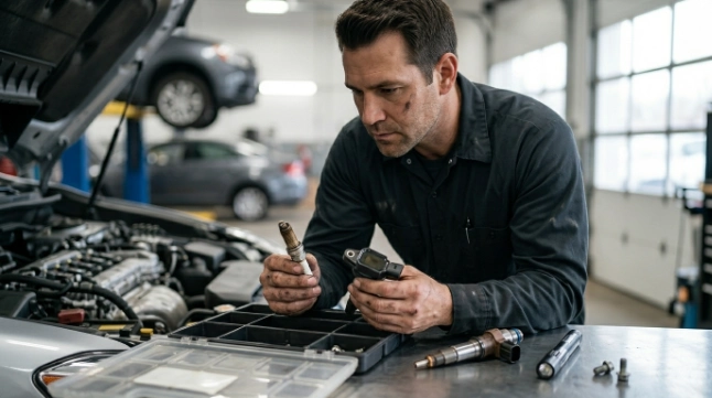 Technician inspecting spark plug and ignition parts causing P0301 misfire