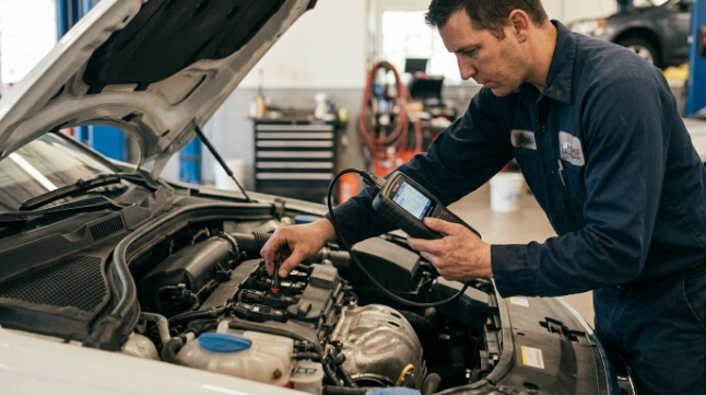 Mechanic using scanner to diagnose P0302 engine misfire
