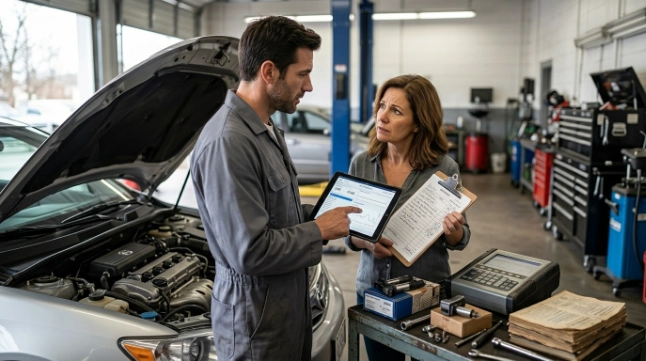 Mechanic discussing engine misfire repair options