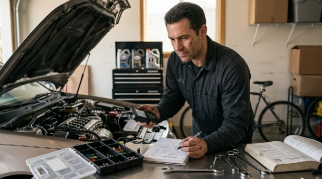 Car owner using diagnosis tools to reduce P0301 repair costs