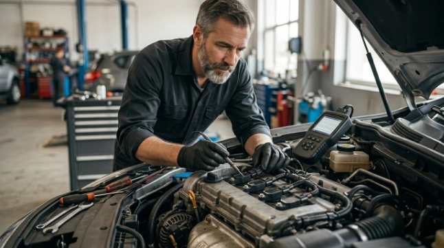 Mechanic inspecting engine components related to cylinder 2 misfire