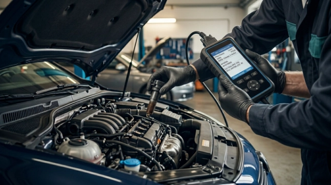 Mechanic inspecting engine cylinder misfire causes