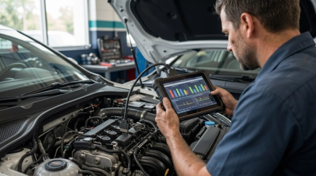 Technician checking engine cylinder misfire with OBD2 scanner