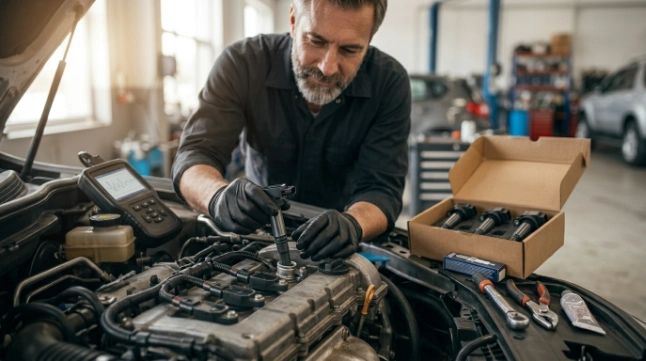Mechanic repairing engine ignition parts after cylinder misfire diagnosis