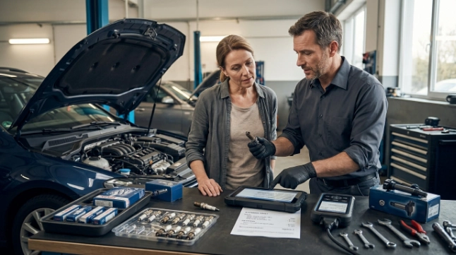 Mechanic explaining cylinder misfire repair options and costs