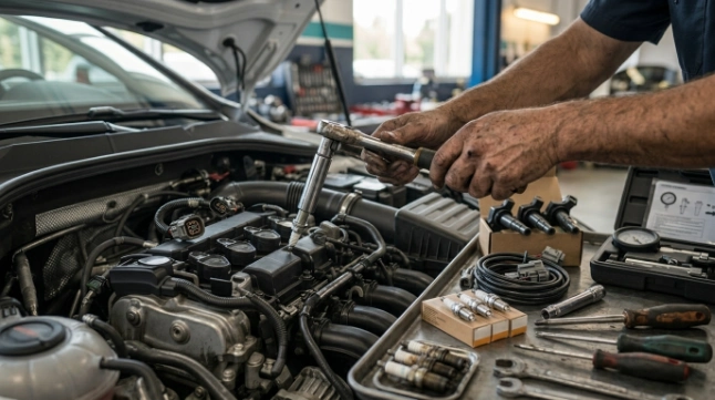 Mechanic repairing ignition components for cylinder misfire