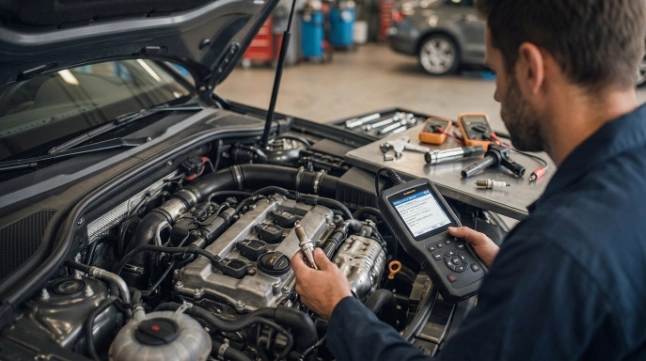 Technician testing vehicle components during P0303 diagnosis