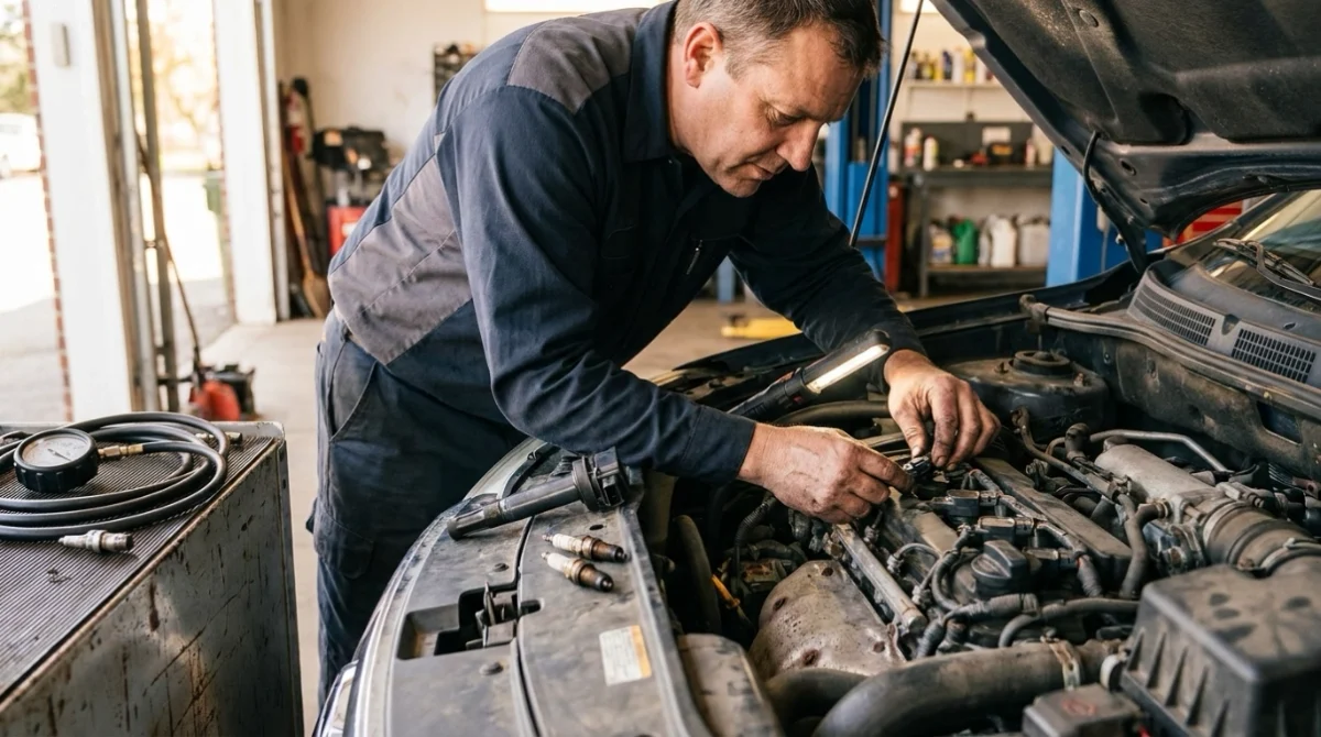 Technician inspecting ignition and engine systems associated with common P0303 causes