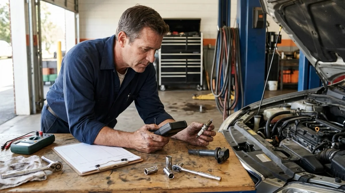 Technician diagnosing P0303 repair cost with OBD2 scanner, spark plug, and ignition coil.