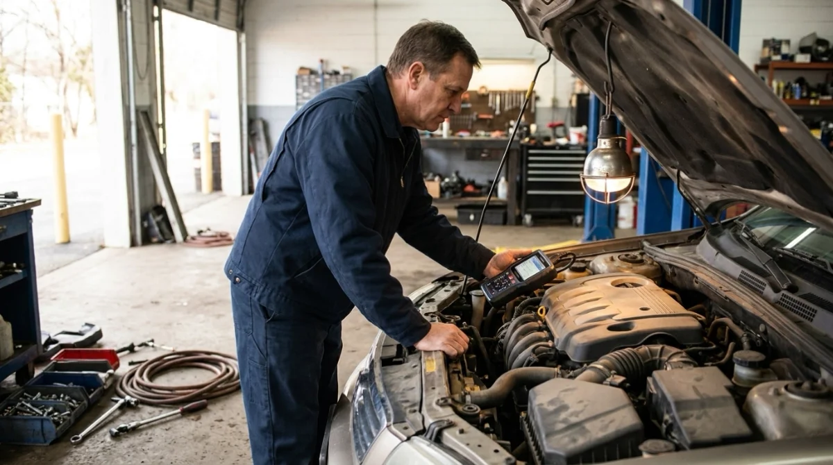 Technician checking P0304 symptoms on a shaking engine while using an OBD2 scanner.