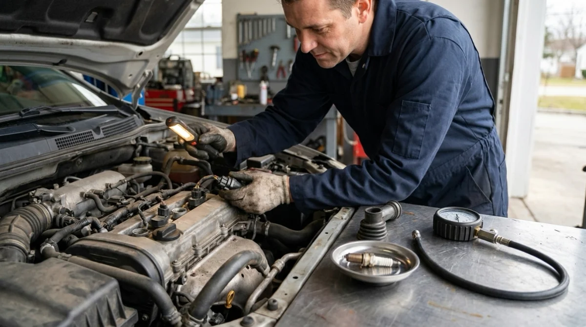 Technician checking ignition and fuel components while diagnosing common P0304 causes.