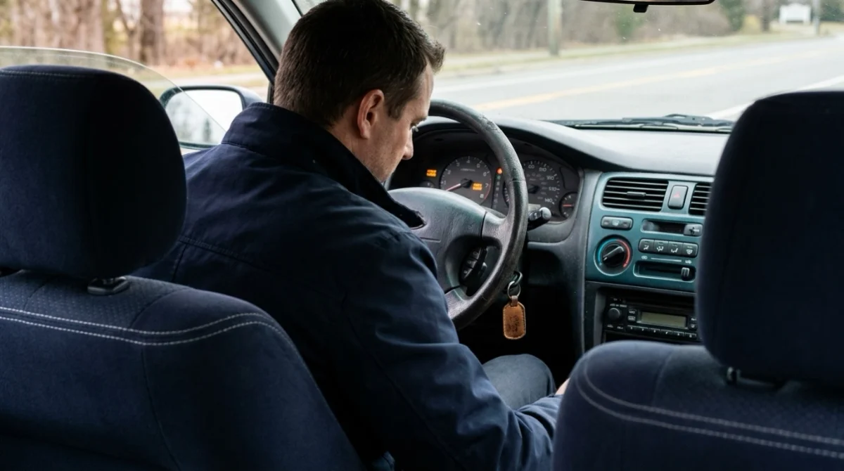 Driver checking a warning light while deciding whether it is safe to drive with P0304