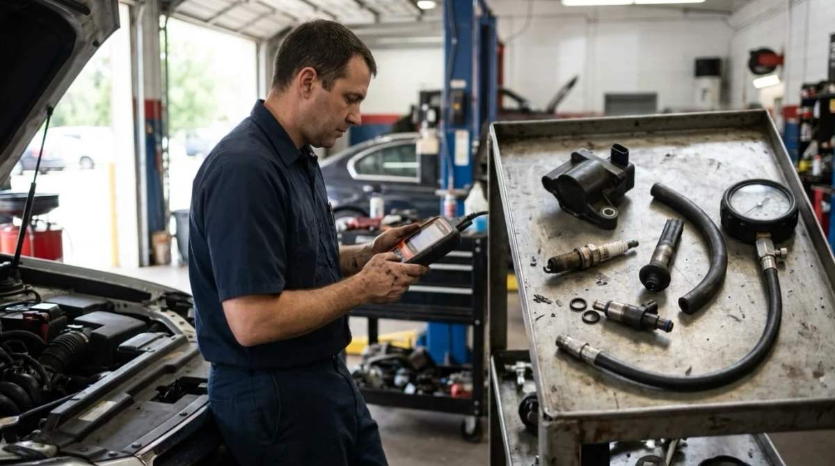 P0304 repair cost diagnosis with spark plug, coil, injector and compression tools