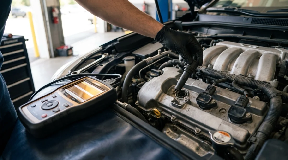 What does P0305 mean illustrated by a technician inspecting cylinder 5 after an OBD2 misfire scan