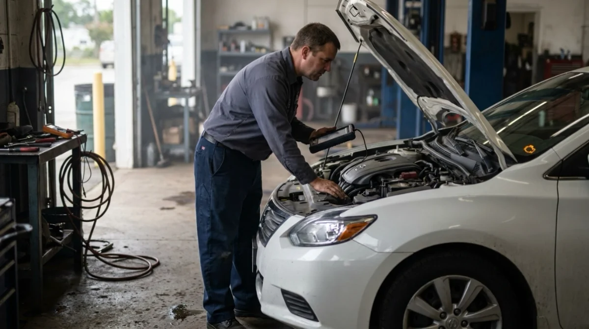 Technician observing rough idle and shaking while diagnosing common P0305 symptoms