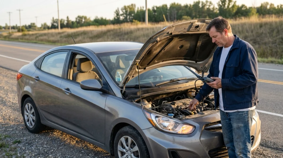 Driver safely stops car and uses OBD2 scanner after serious P0303 cylinder 3 misfire symptoms.