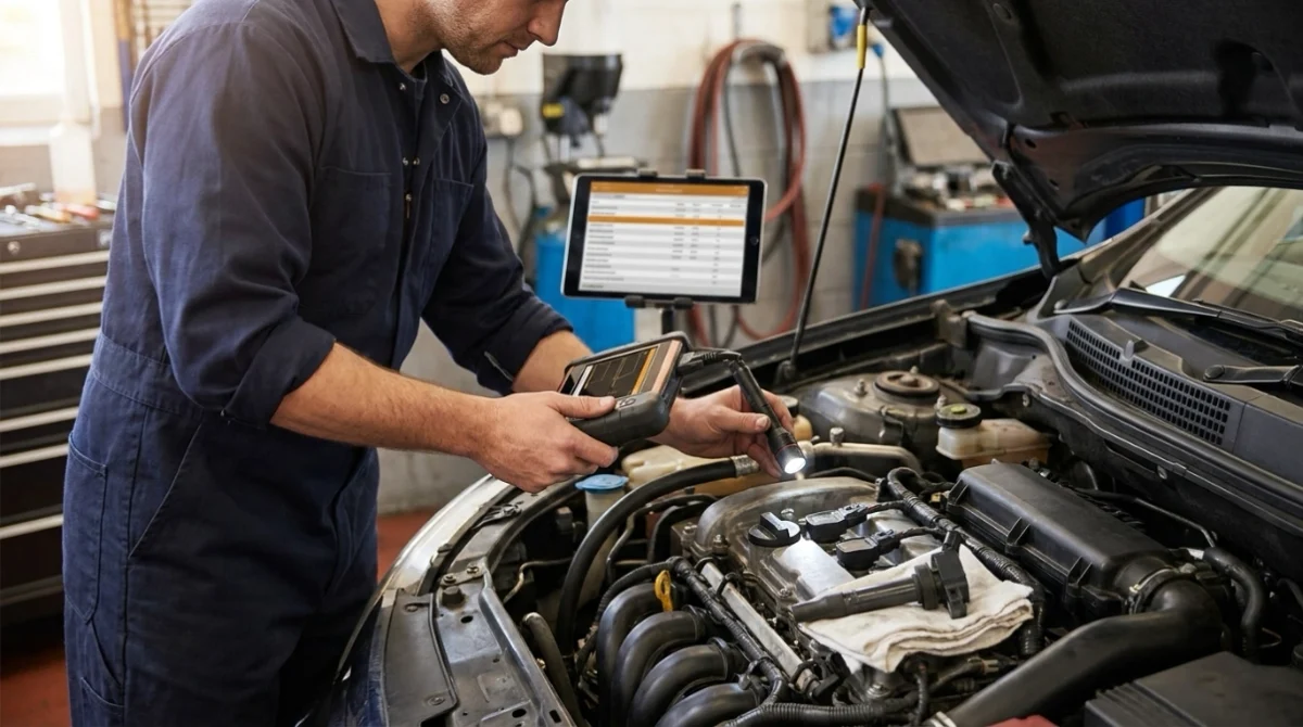 Technician comparing cylinder-specific misfire diagnosis for P0304 with other OBD-II misfire conditions.