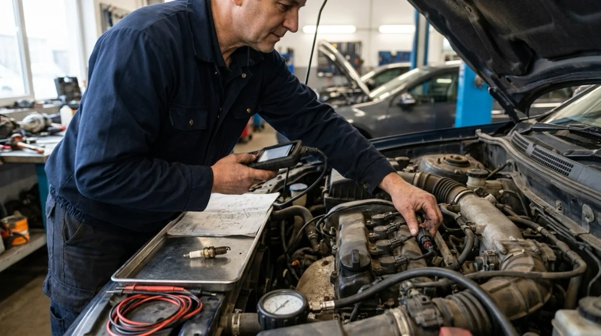 Technician diagnosing P0304 with an OBD2 scanner, ignition inspection, and compression test tools.