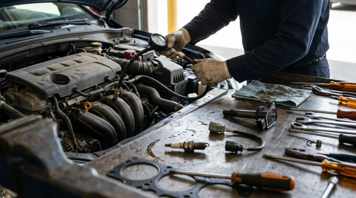 Technician compression-testing an engine while diagnosing repair costs linked to P0304 causes.