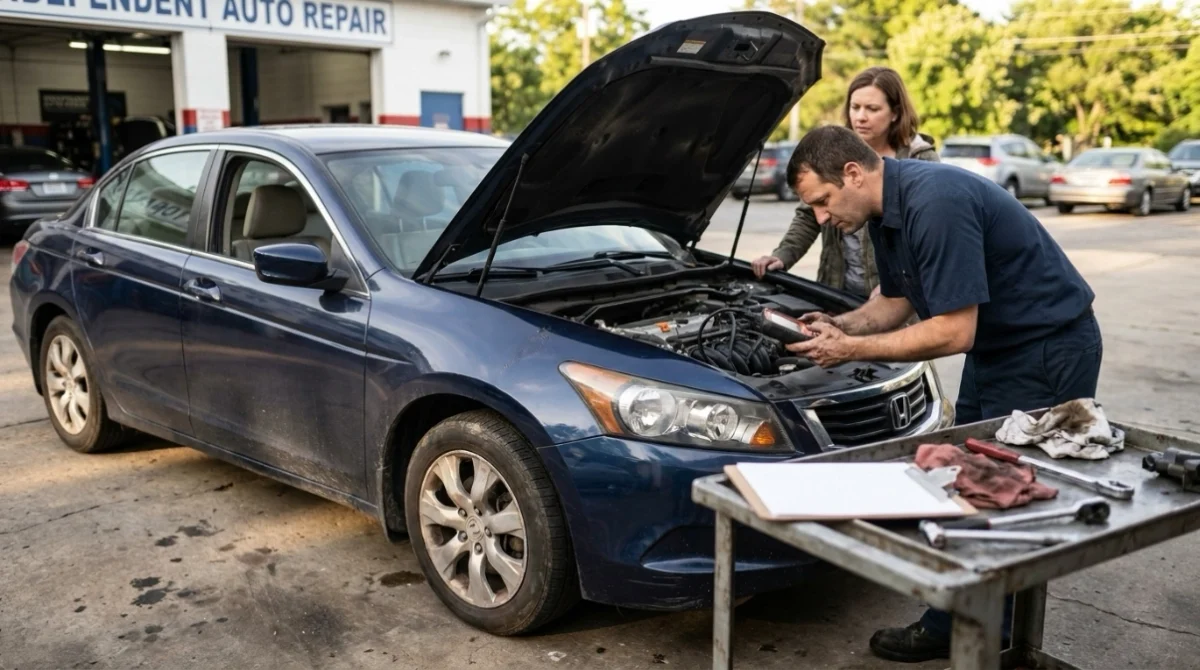 Driver and technician preparing to diagnose P0304 before approving cylinder 4 repairs