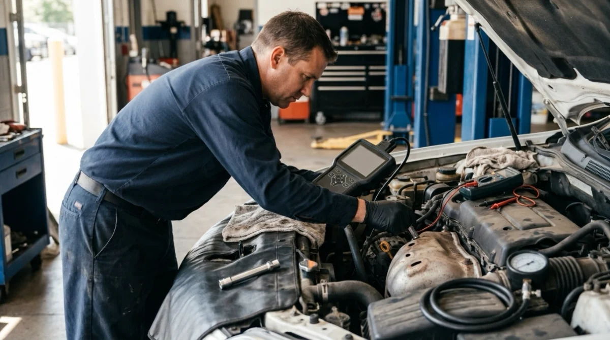 Technician diagnosing P0305 with OBD2 scanner, ignition tools, injector test equipment, and compression gauge