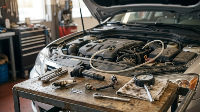 Spark plug, ignition coil, injector and compression tools used to investigate common P0305 causes.
